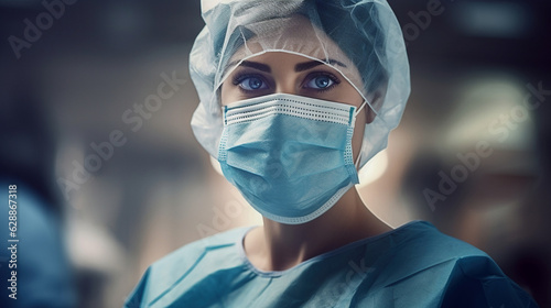 Closeup of a female doctor wearing a mask and surgical cap