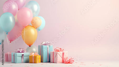 Background concept in pastel colors, gifts and balloons for birthdays, parties, weddings, valentines, presentations