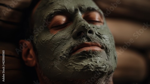 man with a clay facial mask in spa