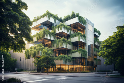 eco-style business office building, architecture with green plants, eco-friendly office with green surroundings to reduce carbon dioxide