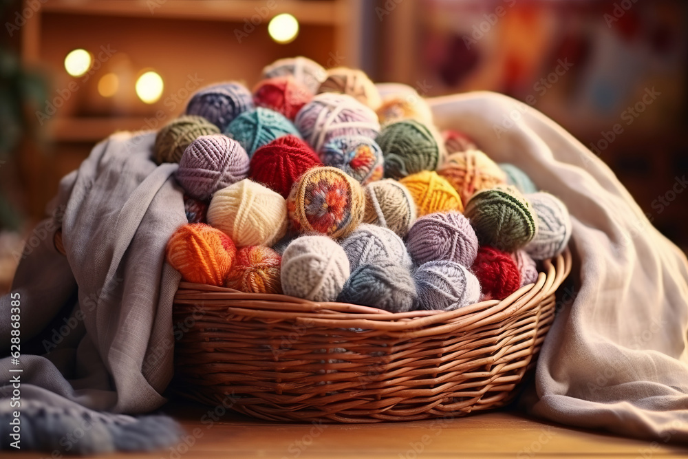 multi-colored balls of yarn in a wicker basket close-up, cozy needlework and hobby background multi-colored balls of yarn in a wicker basket close-up, cozy needlework and hobby background