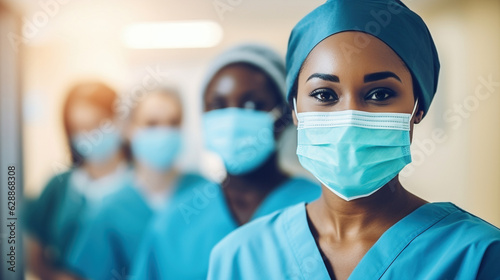 Student nurse in mask closeup with multicultural team members in the background