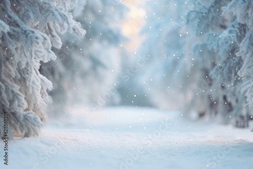 beautiful New Year's white winter background with snow-covered fir trees in the forest close-up and a path between them, bokeh and space for text