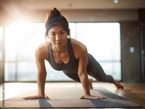 Young asian woman doing muscle training at home, self workout concept