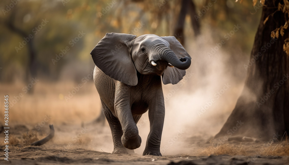 Obraz premium An adorable baby African Elephant with ears flapping and trunk extended in South Luangwa National Park, Zambia. Motion blur is visible on the tip of the trunk, generative ai