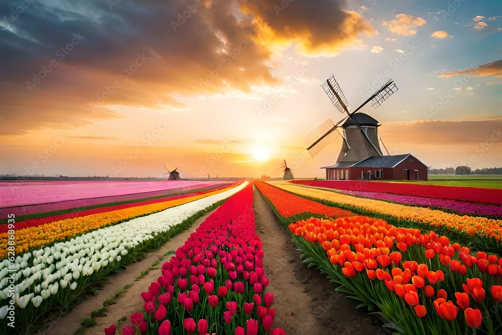 windmill and tulips Generated Ai