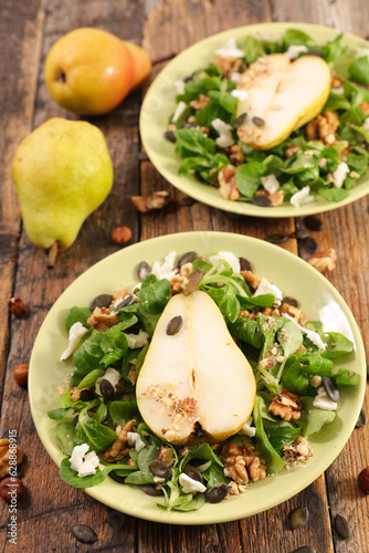 vegetarian mixed salad with lambs lettuce, nuts and pear