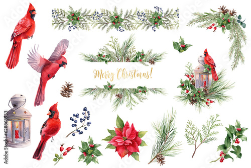 Cardinal bird, Christmas border, vintage lantern, winter greenery.  Watercolor illustration. Pine fir branches, Holly berry, Poinsettia flower. Holiday decor for print, card making