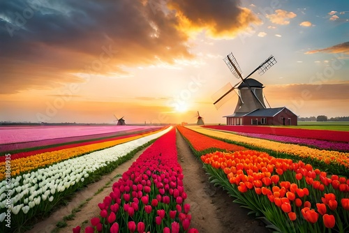 windmill and tulips Generated Ai