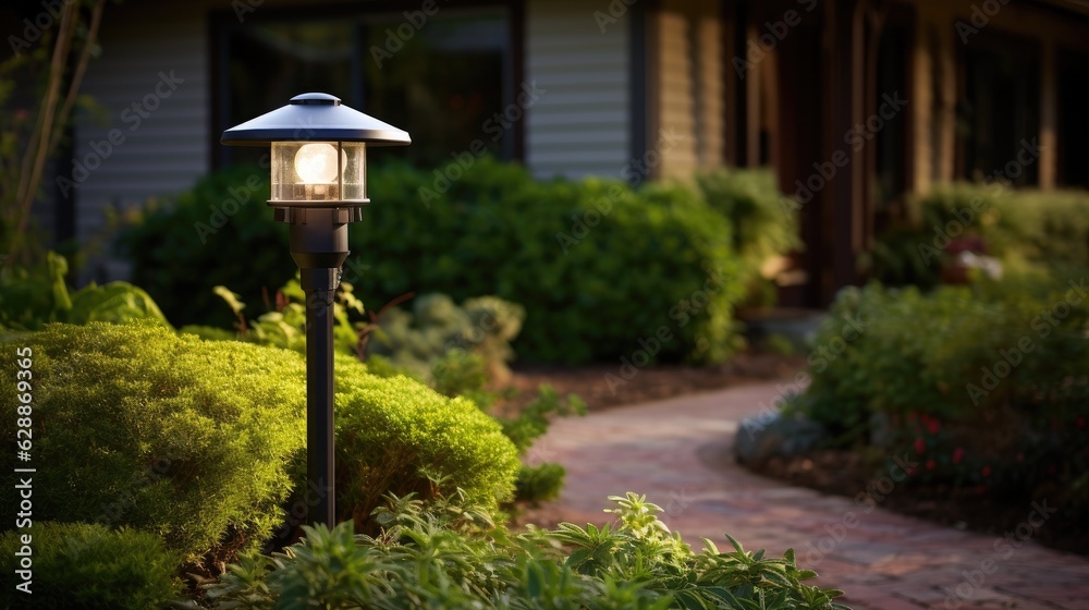 A solar-powered outdoor light accentuating a beautiful backyard. Generative AI A solar-powered outdoor light accentuating a beautiful backyard. Generative AI