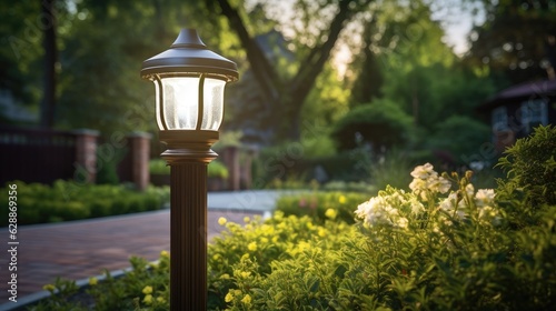 A solar-powered outdoor light accentuating a beautiful backyard. Generative AI