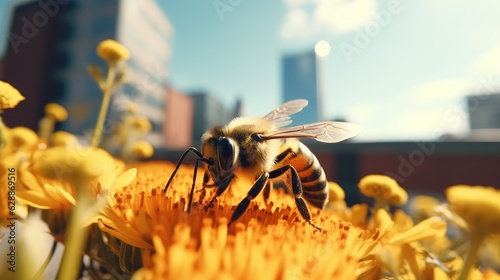 A bee pollinating a flower in an urban rooftop garden. Generative AI