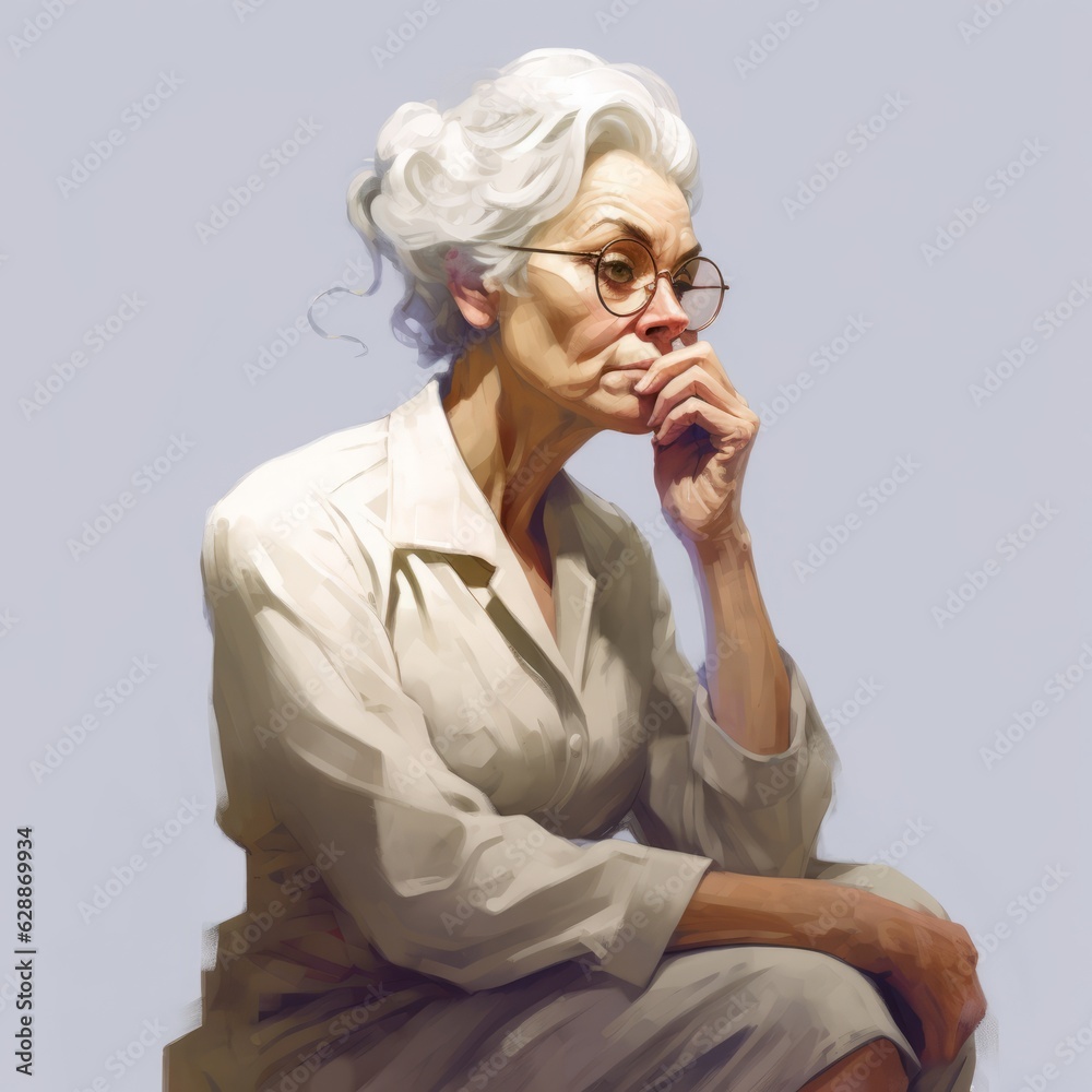 White old woman in thinking and doubts oil painted illustration. Female character with dreamy face on abstract background. Ai generated acrylic canvas bright poster. White old woman in thinking and doubts oil painted illustration. Female character with dreamy face on abstract background. Ai generated acrylic canvas bright poster.