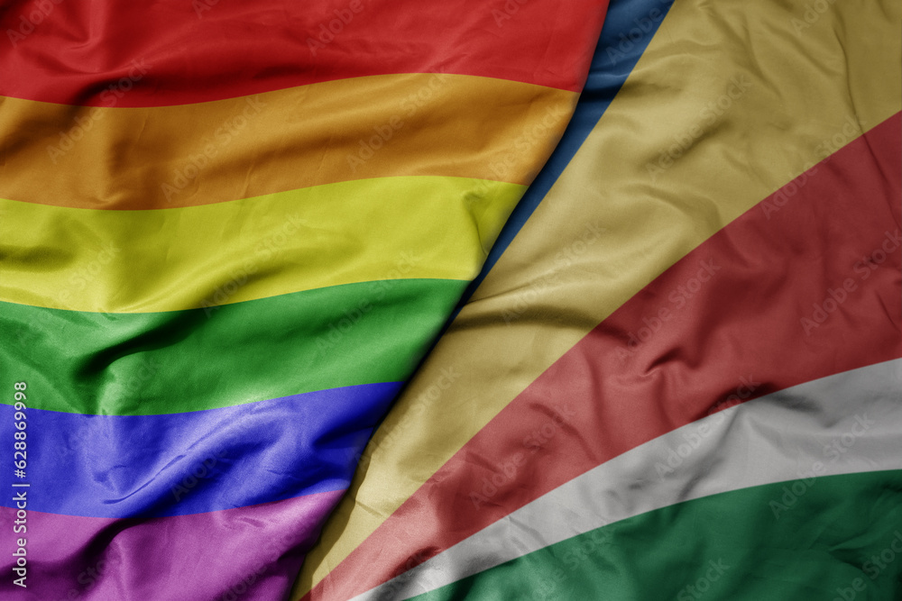 big waving realistic national colorful flag of seychelles and rainbow gay pride flag .