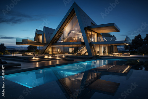 Future house, futuristic. Smart technologies, energy efficiency, smart control system, autonomous home, materials of the future, virtual and augmented reality, security systems
