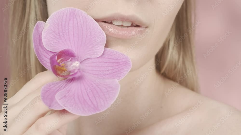 Female lips with delicate pink lipstick and orchid flower closeup on a pink blurred background. A beautiful white smile. Perfect female face makeup. Lipstick. Slow motion. HDR BT2020 HLG Material. Female lips with delicate pink lipstick and orchid flower closeup on a pink blurred background. A beautiful white smile. Perfect female face makeup. Lipstick. Slow motion. HDR BT2020 HLG Material.