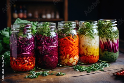 Jars of chopped and pickled cabbage, carrots, beets, spices and herbs are ready to roll up.