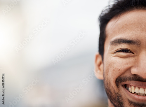 Happy, face and closeup with half of man in mockup, background for advertising space with businessman. Portrait, smile and person with wellness, motivation and opportunity for future in career or job photo