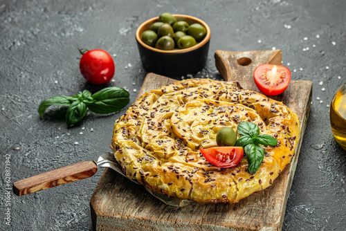 vertuta snail pie with meat. Restaurant menu, dieting, cookbook recipe top view