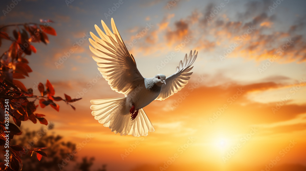 Fototapeta premium A dove carrying an olive branch, a timeless symbol of peace, flying against a vibrant sunset sky Generative AI