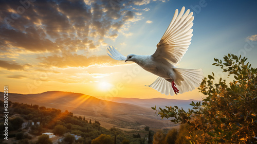 A dove carrying an olive branch, a timeless symbol of peace, flying against a vibrant sunset sky Generative AI