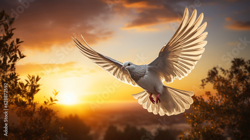 A dove carrying an olive branch, a timeless symbol of peace, flying against a vibrant sunset sky Generative AI
