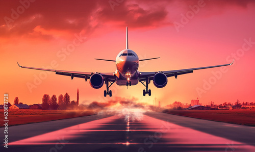 Passenger airliner landing on the runway at the airport in the light of the rising sun