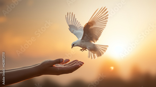 Hands releasing a white dove into the sky, marking the commitment to peace and freedom Generative AI photo