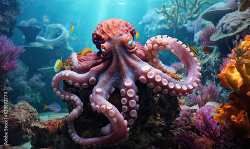 A majestic octopus looks at the camera while sitting on a large rock against the backdrop of a beautiful underwater landscape