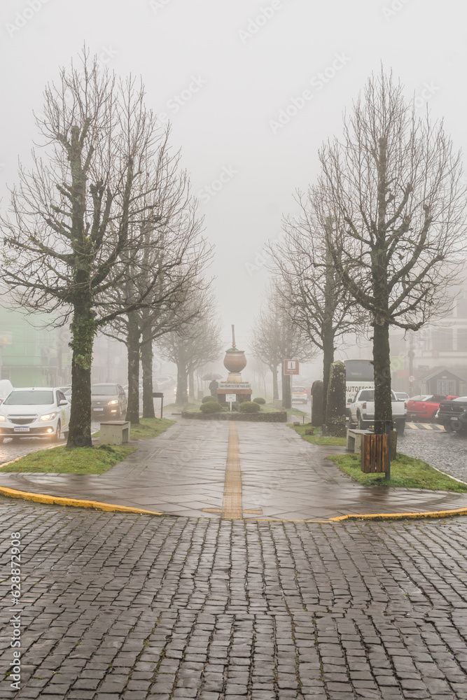 Sao Francisco de Paula, Brazil - July 28th 2023: Julio de Castilhos Avenue on a foggy winter day