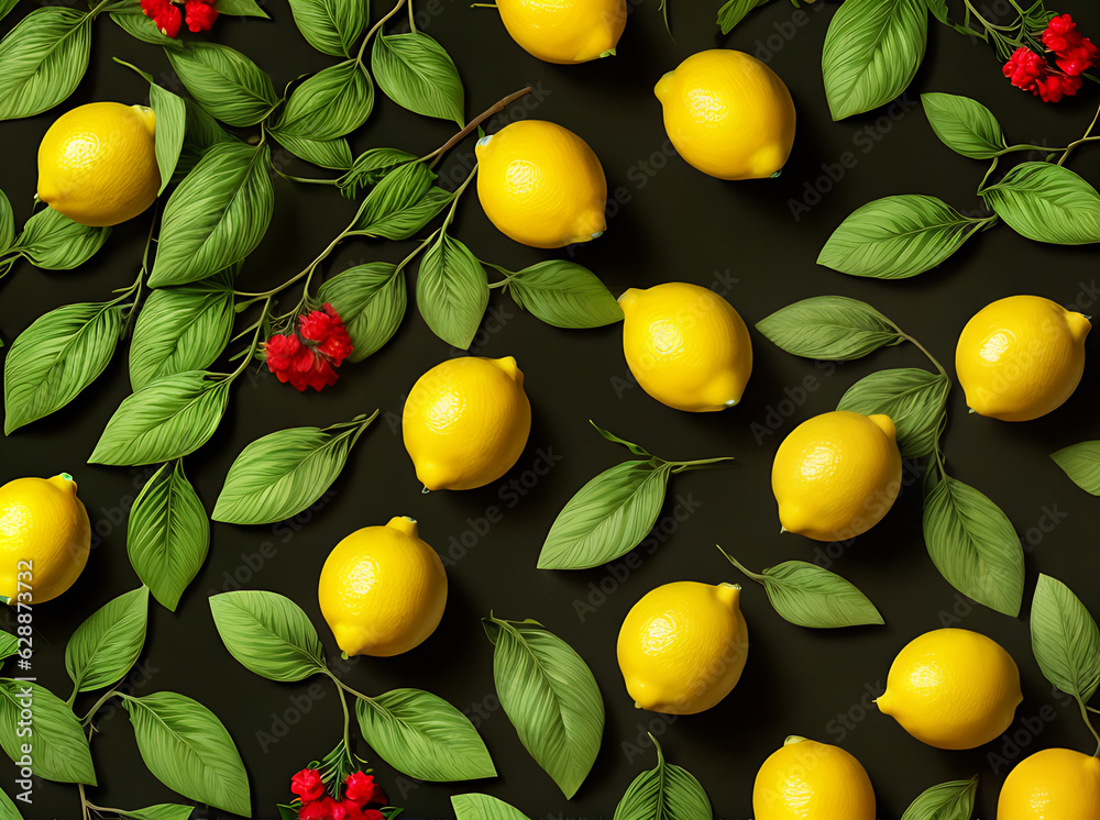 Floral lemons leaves volumetric duotone color palette