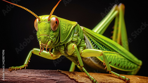 Fotografia, Obraz macro close up of a  green grasshopper on a black background