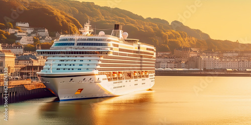 Fototapeta Naklejka Na Ścianę i Meble -  Sea travel banner with white cruise ship at European city harbor at sunset. Floating liner in Europe. Sea vacation. Cruise, travel, relax and resort concept. Banner size, copy space