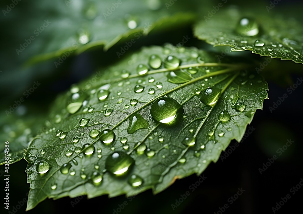 A green leaf with raindrops on it, generative ai A green leaf with raindrops on it, generative ai
