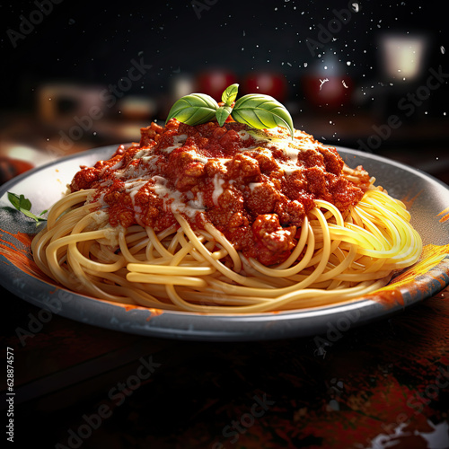 Spaghetti Bolognese piled high on a plate created with Generative AI technology