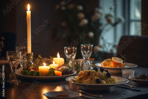 Elegant table setting with candles in restaurant. Selective focus. Romantic dinner setting with candles on table in restaurant.