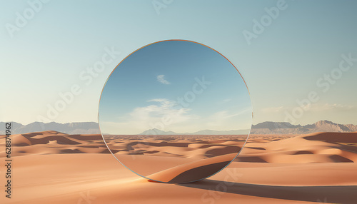 abstract modern minimal panoramic background with round mirror in desert landscape with sand dunes photo