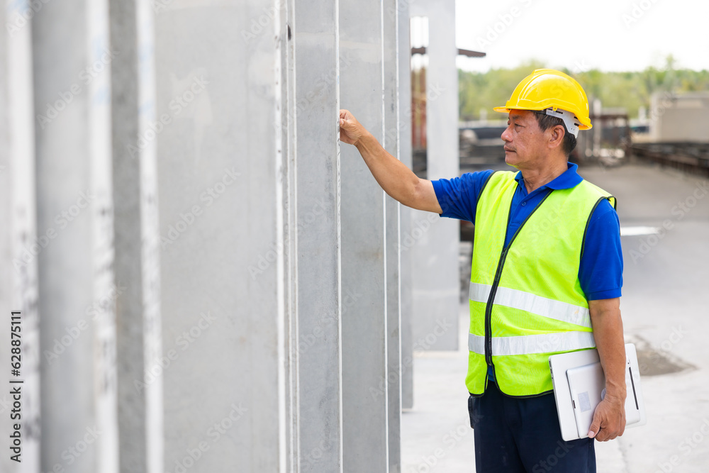 Portrait Asian senior man professional engineering working at precast concrete wall factory. Engineering worker in safety hardhat at factory industrial facilities. Heavy Industry Manufacturing Factory