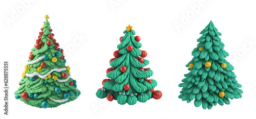 a set of Christmas trees in plasticine style, on a transparent background, generated by AI