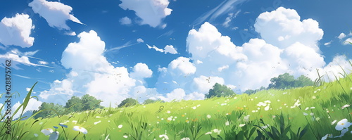 Beautiful grassy fields and summer blue sky with fluffy white clouds in the wind. Wide format. Hand edited generative AI.