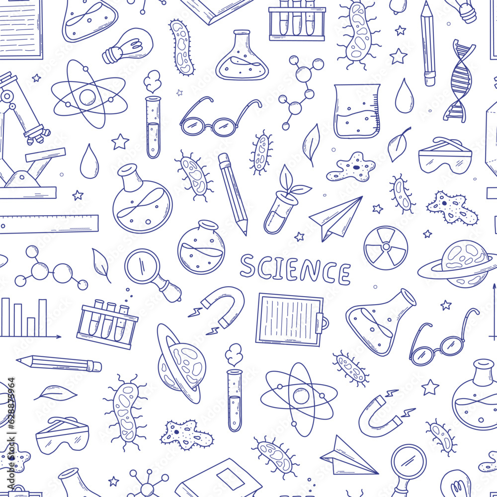 monochrome science seamless pattern with sketched doodles, cartoon elements for wallpaper, backgrounds, wrapping paper, packaging, prints, stationary, scrapbooking, etc. EPS 10