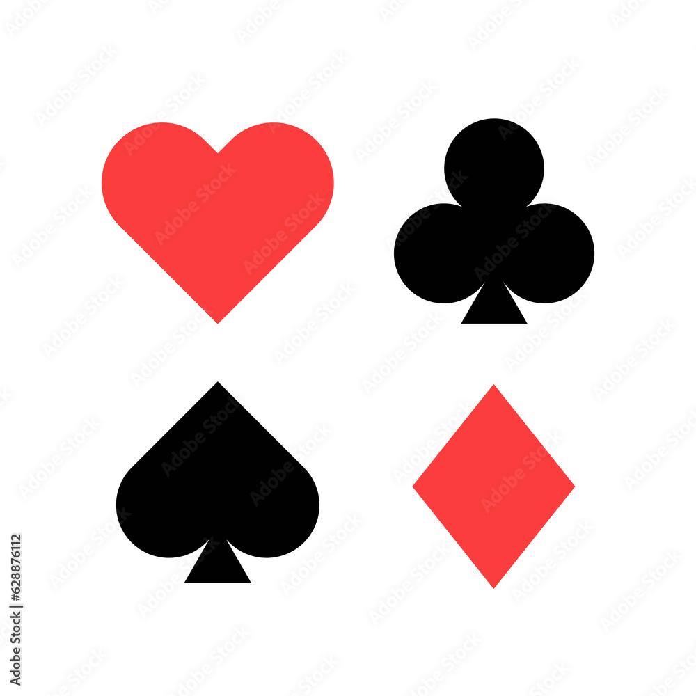 Playing card deck, hearts, clubs, diamonds and spades. Vector illustration stock image. Isolated white background. Poker game cards red and black symbols Playing card deck, hearts, clubs, diamonds and spades. Vector illustration stock image. Isolated white background. Poker game cards red and black symbols