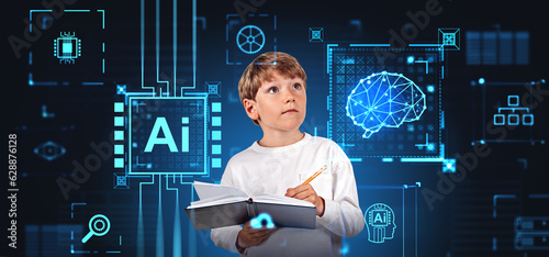 Boy taking notes, digital AI brain hologram with icons and settings