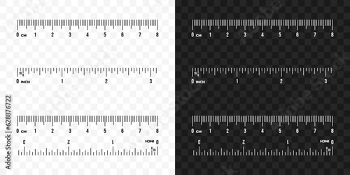 Set of ruler scale 8 cm and 3 inch vector design. Centimeter and inch scale for measuring