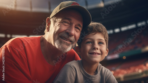 Grandson and Grandfather at Baseball Stadium. Smiling. Enjoying the Match. Baseball Field. Green Grass. Concept of Game, Sports, Family, Spectating, and Bonding.
