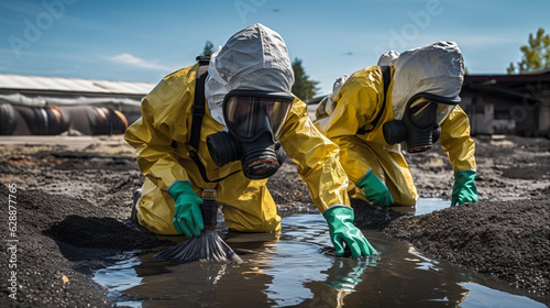 Workers wearing respirators conducting a hazardous material spill drill Generative AI