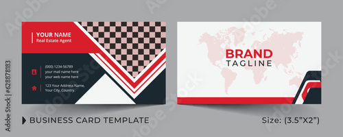 Corporate business real estate agent and modern home sales business card template design with creative vector shape
