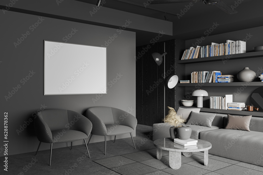 Grey chill room interior couch and coffee table with shelf, mockup frame