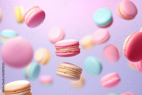 Colorful french macarons and flowers on pastel background, traditional french dessert Generative AI