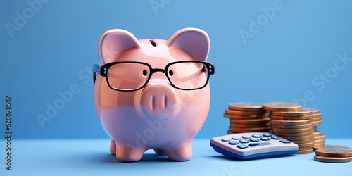 Pink piggy bank with eyeglasses and calculator, concept of savings and investments. Generative AI